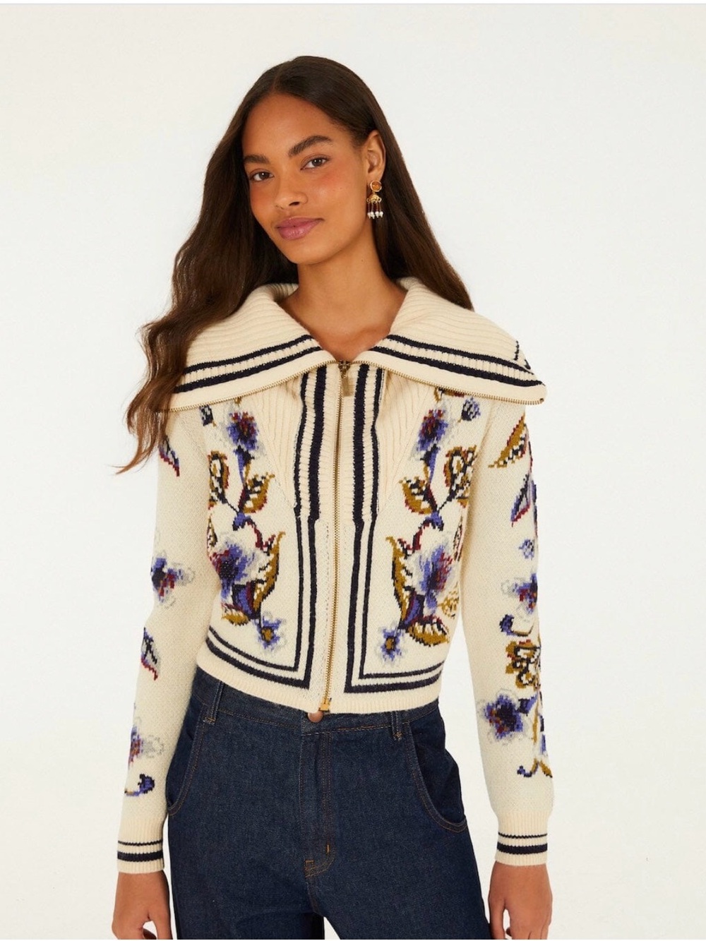 FARM Rio Golden Nature Full Zipper Knit Cardigan Size Small NWT